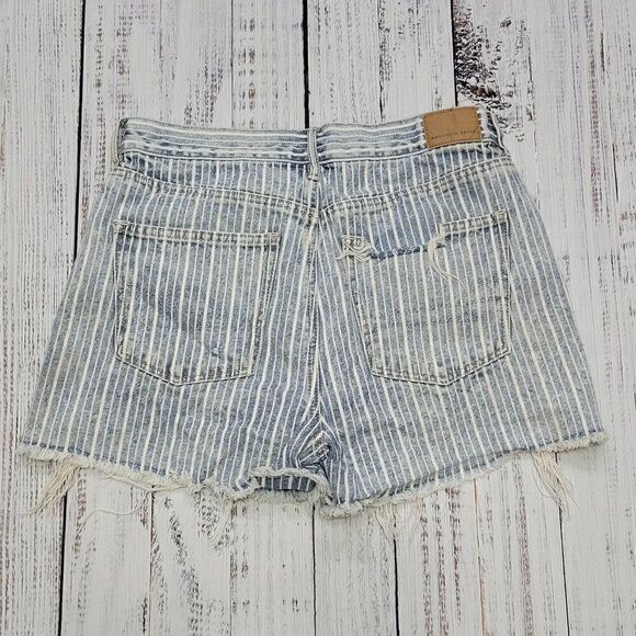 American Eagle Women's Blue 4 Striped Destroyed Ripped High Waist Jean Shorts - Picture 4 of 6